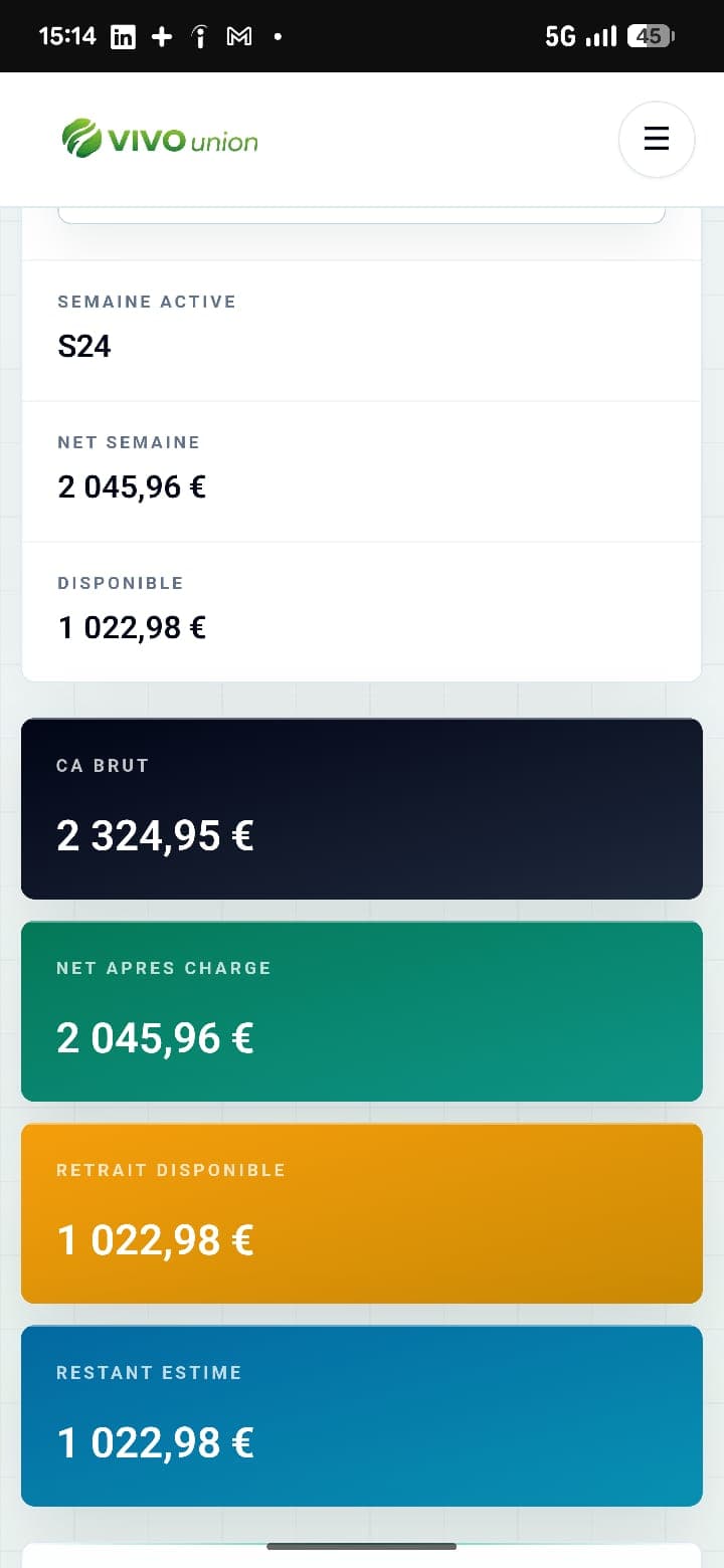 Application mobile VIVO Union pour suivre les revenus chauffeur
